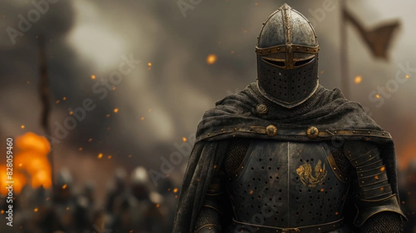 Fototapeta medieval knight in armor standing on a battlefield, historical reenactment concept