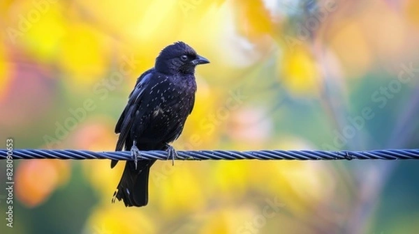 Fototapeta Smooth billed ani perched on an electrical wire