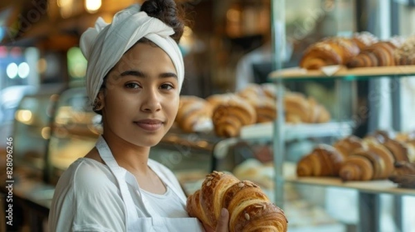 Fototapeta A pretty female baker in uniform was standing behind a table, holding a croissant, smiling at the camera,
