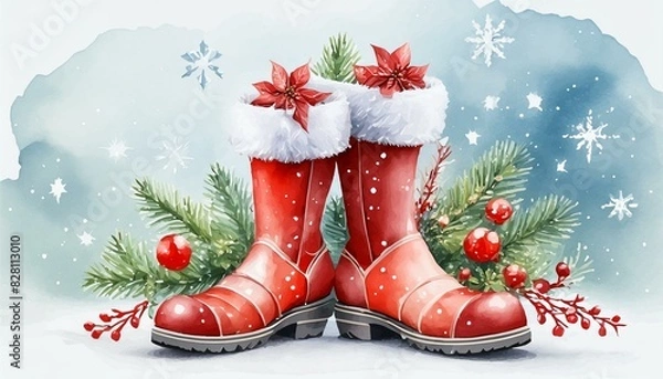 Obraz Christmas watercolor painting santas boots. Vector illustration