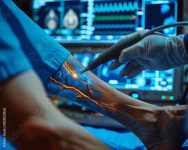 Fototapeta Radiologist using ultrasound probe on patient's leg for deep vein thrombosis detection, Clinical, Realistic, Cool tones, High detail