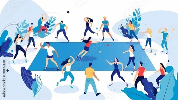 Fototapeta Capture the lively essence of a Zumba class through a wide-angle lens, showcasing the movement and enthusiasm against a simple, solid pastel background perfect for adding text