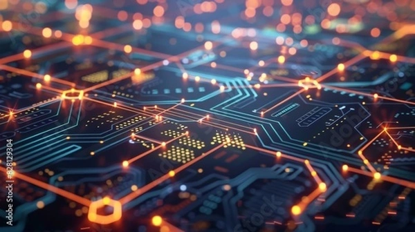 Fototapeta Futuristic Circuit Board with Glowing Connections