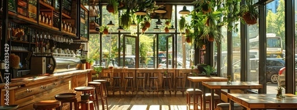 Obraz cozy and inviting restaurant interior with wooden tables, chairs, and leather sofas arranged in an open space