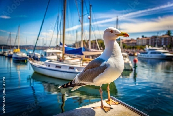 Fototapeta A photograph of a seagull perched atop a docked sailboat, its gaze scanning the harbor for food oppo