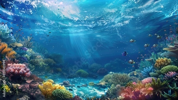 Obraz Ocean , amazing underwater world, 3 D illustration , Generative AI