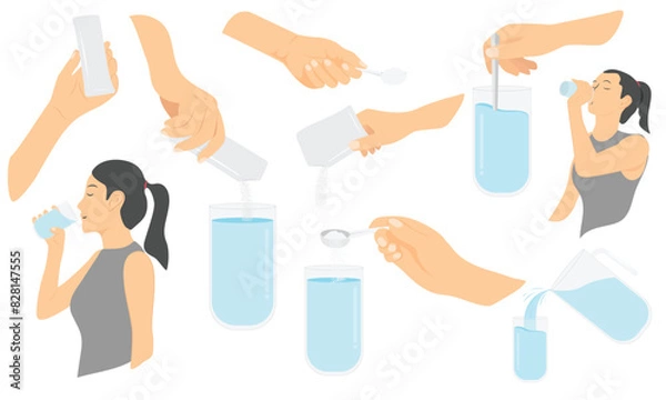 Fototapeta How to make supplement drink. Hand hold sachet and white spoon, pouring powder in glass, woman ready to drink. collection flat vector illustration 