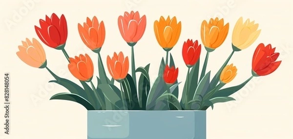 Obraz A colorful illustration of tulips in various shades of orange, red, and yellow in a blue vase, perfect for spring decor.