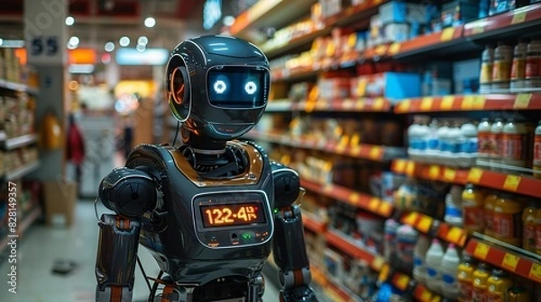 Fototapeta The robotâ€™s chest display shows real-time inventory updates, seamlessly connected to the storeâ€™s central database, ensuring stock levels are accurately monitored and maintained. safety first for