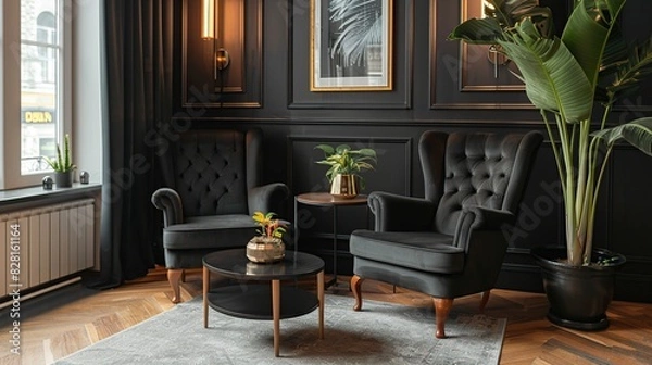 Fototapeta Armchairs and coffee table in classic black interior . Generative Ai