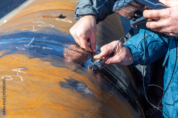Obraz Inspector is testing to weld of pipe with ultrasonic test method. Ultrasonic testing is often performed on steel and other metals and alloys.