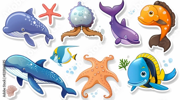 Fototapeta Set of Sea Animals on a White Canvas Sticker,vector image