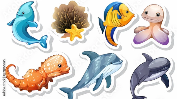 Fototapeta Set of Sea Animals on a White Canvas Sticker,vector image