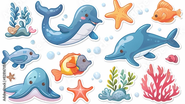 Fototapeta Set of Sea Animals on a White Canvas Sticker,vector image