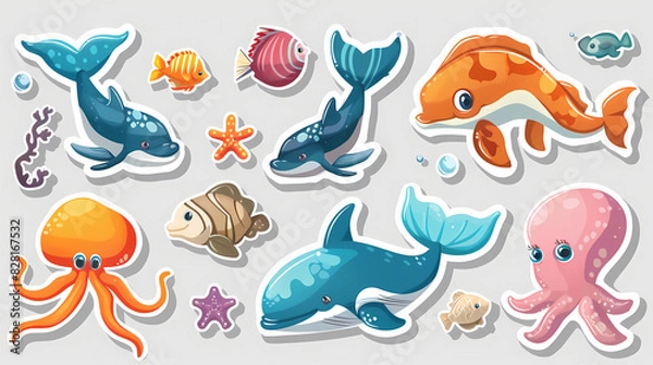 Fototapeta Set of Sea Animals on a White Canvas Sticker,vector image