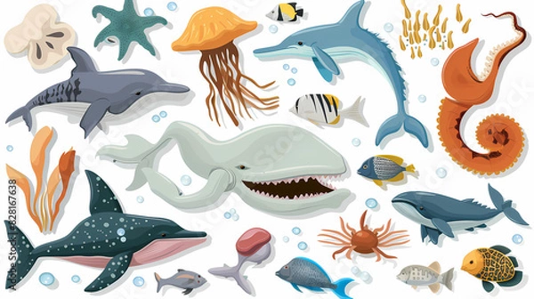 Fototapeta Set of Sea Animals on a White Canvas Sticker,vector image