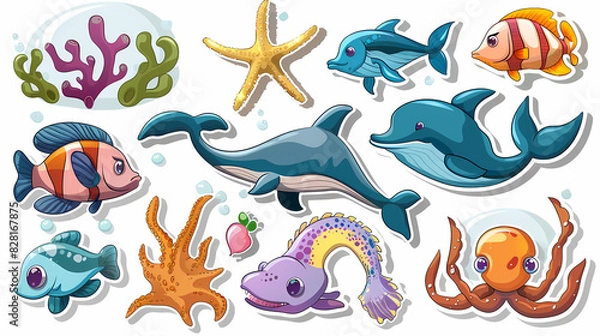 Fototapeta Set of Sea Animals on a White Canvas Sticker,vector image