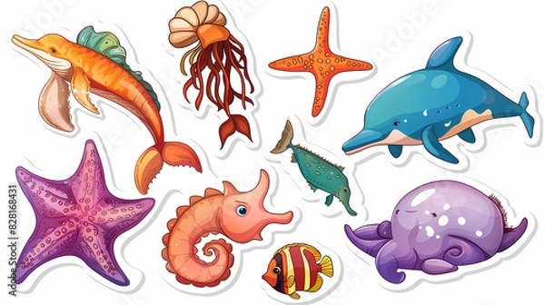 Fototapeta Set of Sea Animals on a White Canvas Sticker,vector image