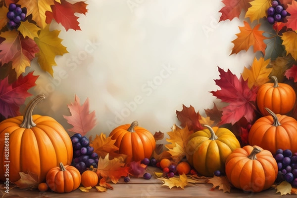 Fototapeta Dynamic acrylic paint border adorned with autumn and Thanksgiving symbols: vibrant leaves, pumpkins, and an array of seasonal fruits.