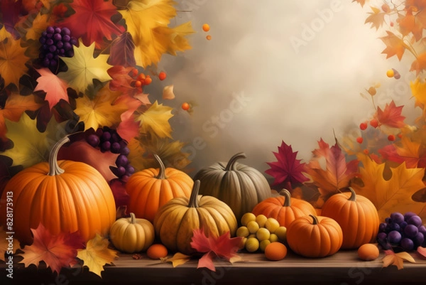 Fototapeta Dynamic acrylic paint border adorned with autumn and Thanksgiving symbols: vibrant leaves, pumpkins, and an array of seasonal fruits.
