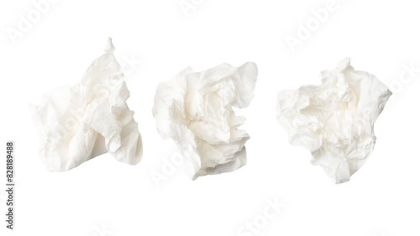 Fototapeta Top view set of screwed or crumpled tissue paper ball after use in toilet or restroom isolated on white background with clipping path