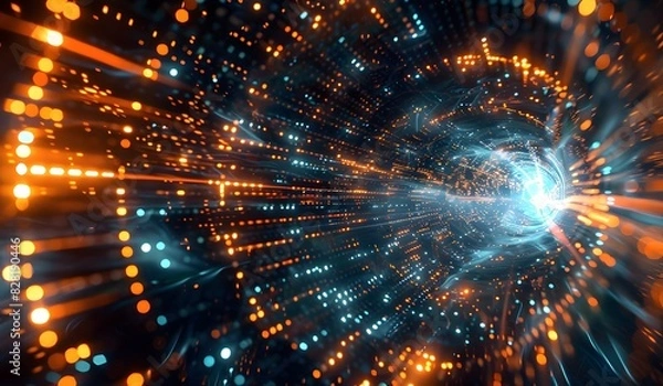 Fototapeta Abstract digital background with glowing light rays and binary code in blue, orange and black colors. Big data technology concept