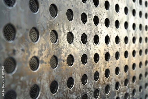 Fototapeta Detailed view highlighting the numerous small holes covering a metallic surface. Weathered, machine-worked material concept.