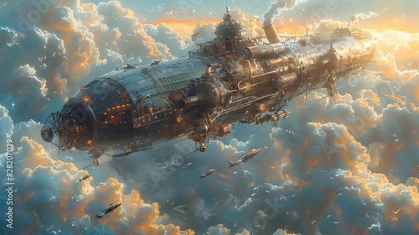 Fototapeta illustration of a steampunk airship soaring through the clouds with brass gears billowing smokestacks and adventurers embarking on a journey to uncharted lands
