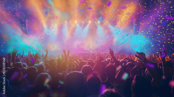 Fototapeta The concert crowd erupted with excitement as colorful stage lights and confetti filled the air.