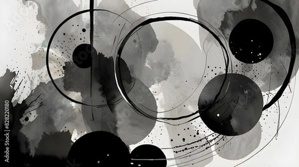 Fototapeta Creative minimalist hand painted Abstract art background with black, grey, white watercolor stain and Hand Drawn doodle Scribble Circle. Design for wall decoration, postcard, poster or brochure Genera