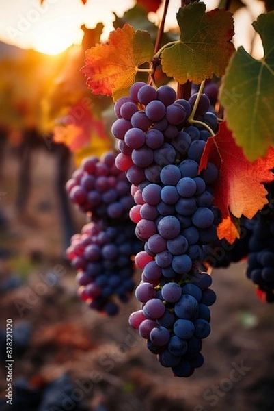 Fototapeta Harvest Time: Ripe Grapes in a Vineyard at Sunset