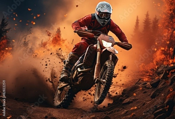 Fototapeta Thrilling Motocross Ride Through Forest at Sunset