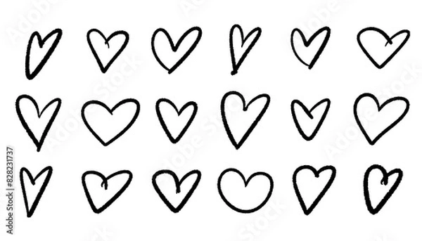 Fototapeta Set of cute doodle style drawn hearts isolated on white background. Line style design elements.