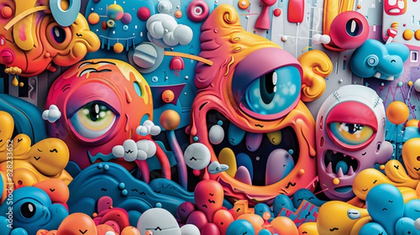 Fototapeta Creative composition featuring colorful cartoon characters and abstract elements