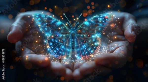 Fototapeta A digital abstract butterfly flies from businessman hands.