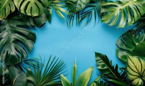 Obraz Beautiful Exotic Tropical Leaves Assortment on Pastel Blue Background