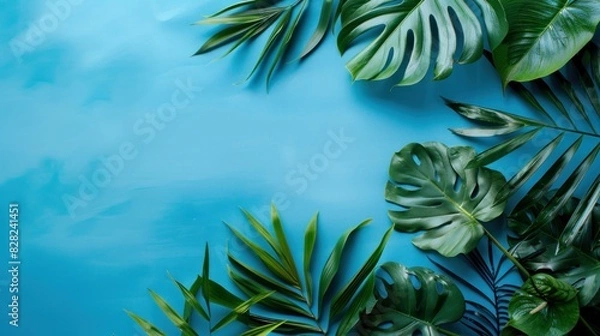 Obraz Beautiful Exotic Tropical Leaves Assortment on Pastel Blue Background