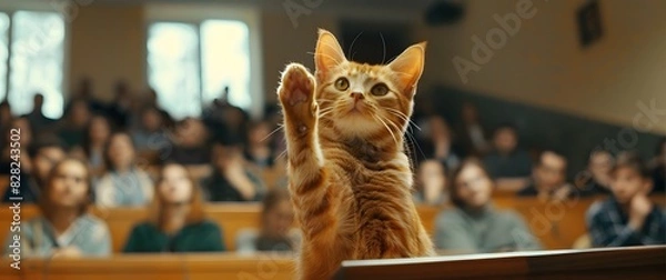 Fototapeta Cat giving an office presentation, standing at the podium with one paw raised up in front of people watching from their seats below