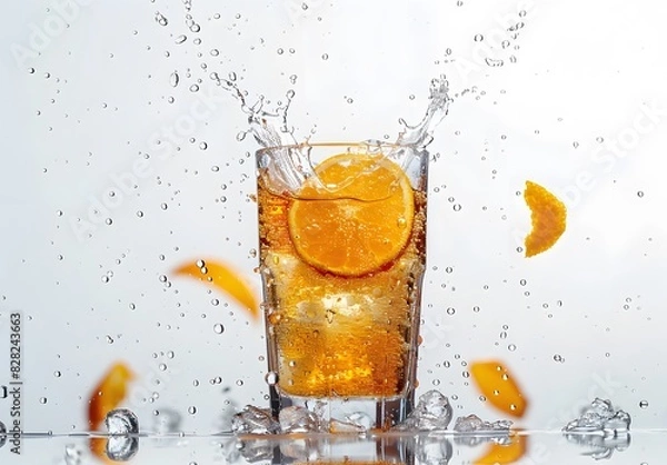 Obraz Dynamic scene of orange being poured into an icefilled glass, with droplets and splashes visible in the air