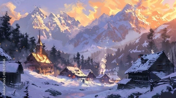 Fototapeta Enchanting Snowy Alpine Village at Dusk with Majestic Mountain Peaks in the Distance