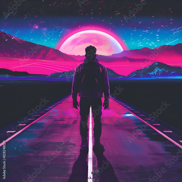 Fototapeta book cover synthwave retro futuristic man standing in middle of road silhouette neon color palette punk rock aesthetic