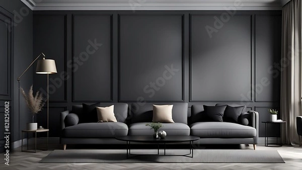 Fototapeta Living room in gray and black, Minimalist design with blank empty dark interior, graphite modern sofa, herringbone beige accent, 3D render