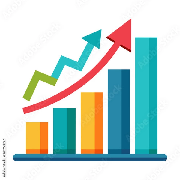 Fototapeta A colorful bar graph with an arrow pointing upwards