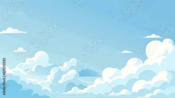 Fototapeta A 2D flat style illustration showcasing a cloudy sky with scattered clouds against a light blue background. The scene conveys the anticipation of changing weather conditions without depicting rain or