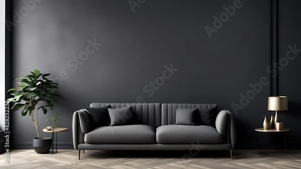 Fototapeta Living room in gray and black, Minimalist design with blank empty dark interior, graphite modern sofa, herringbone beige accent, 3D render
