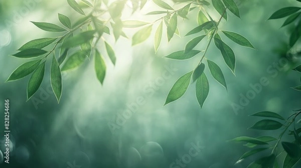 Fototapeta Serene nature scene with green leaves illuminated by sunlight, creating a tranquil, soft-focus background. The gentle light filters through the foliage.