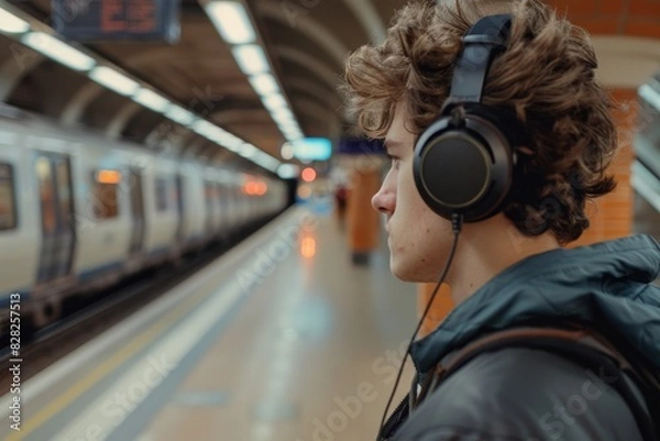 Fototapeta A person with curly hair listening to music with headphones in a subway station