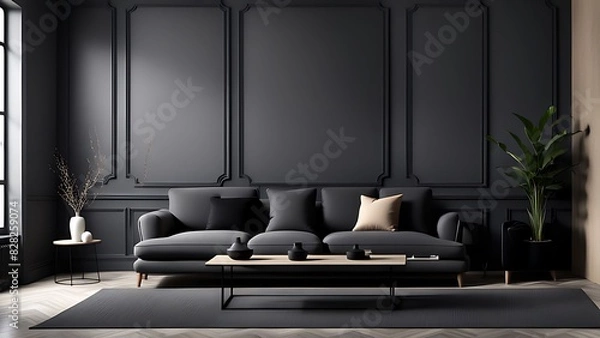 Fototapeta Living room in gray and black, Minimalist design with blank empty dark interior, graphite modern sofa, herringbone beige accent, 3D render