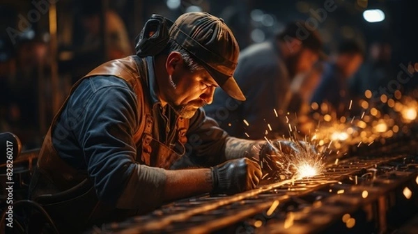 Fototapeta Welding metal part in a factory. Orange sparks