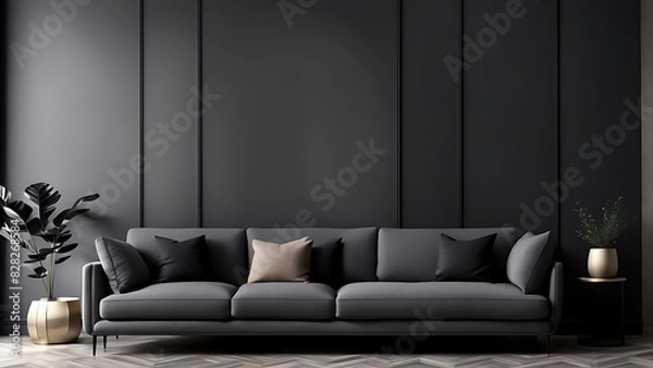 Fototapeta Living room in gray and black, Minimalist design with blank empty dark interior, graphite modern sofa, herringbone beige accent, 3D render